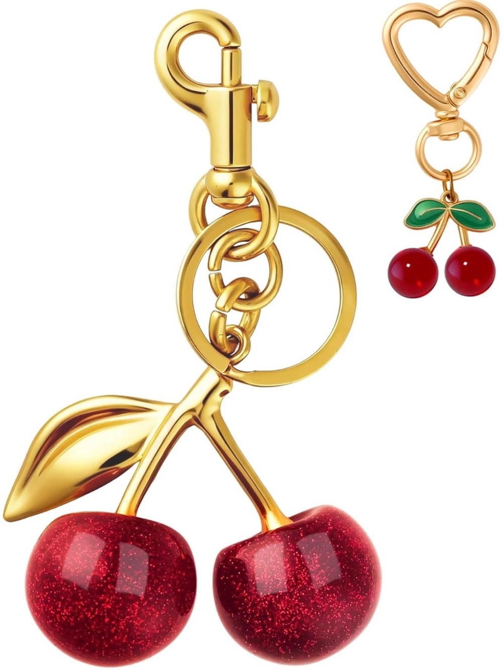 Cherry Bag Charm Keychain w/Free Mini Cherry Gold Heart Green Leaf Charm GiftBox